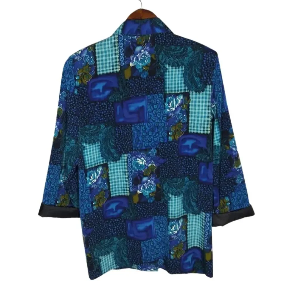 Vintage Kensington Square Blue Patchwork Printed Grandma Blazer Sz Medium